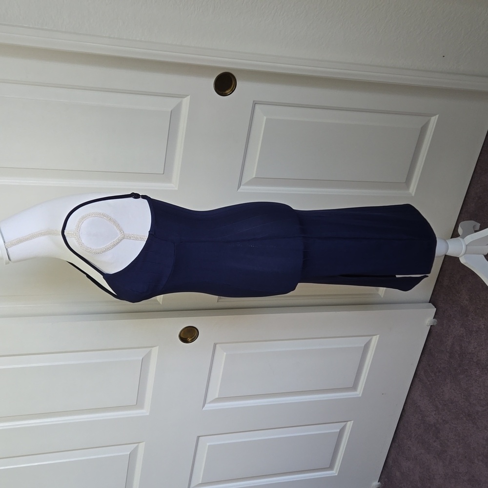 Forever 21 Navy Blue Stretch Midi Dress Small | Adjustable Straps, Side Slit - Picture 5 of 8
